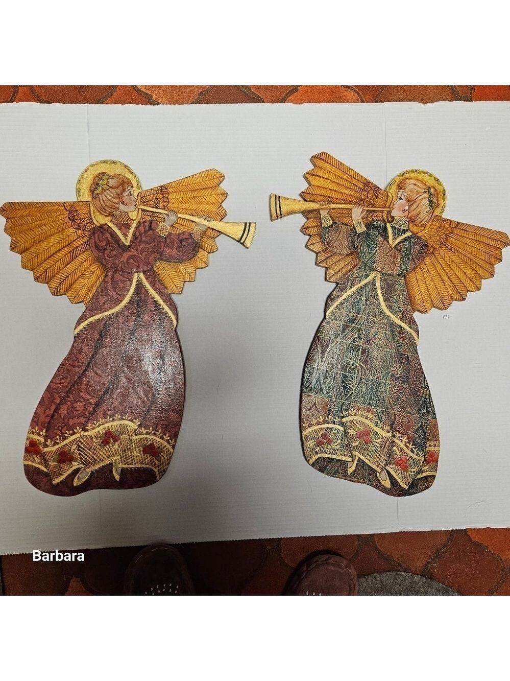Wooden Handpainted Trumpet Angels Wall Art Set. Signed